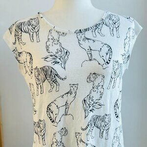 Cynthia Rowley Ivory Big Cats Print Pure Linen Jersey Button-Back Top – US S